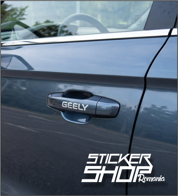 Set 4 Stickere Mânere Uși Logo GEELY – Autocolant Premium Decat / Vinil Decupat (Coolray, Starray, Geometry C, Tugella, Monjaro)