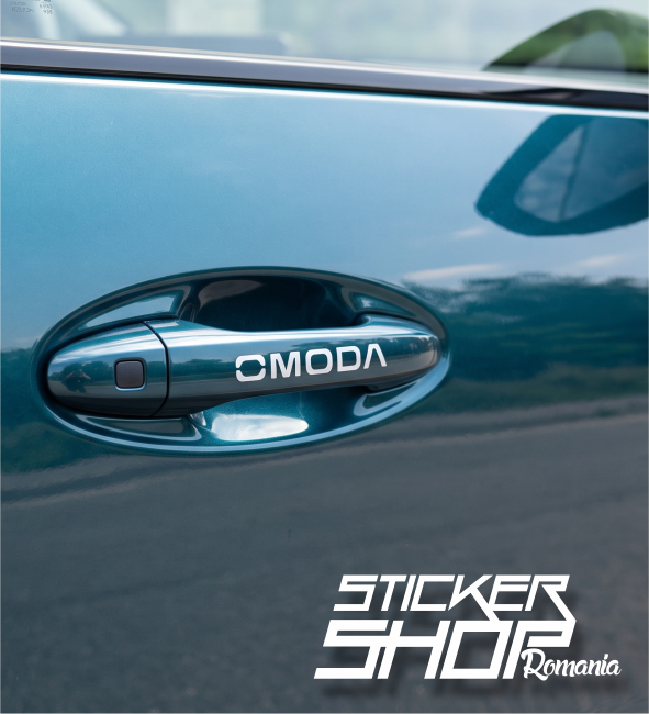 Set 4 Stickere Mânere Uși Logo OMODA – Autocolant Premium Decat / Vinil Decupat (Omoda 5, Omoda E5)