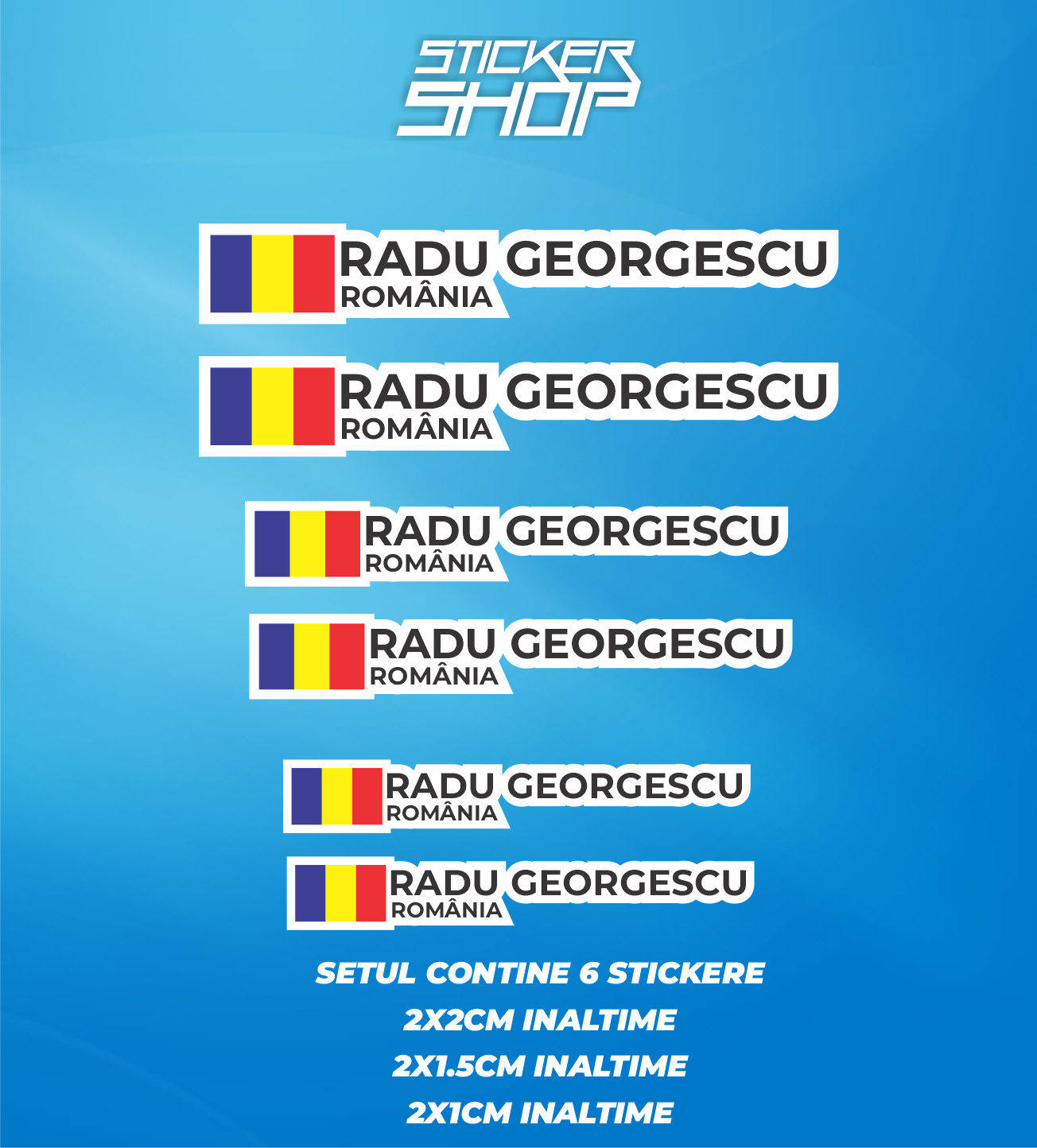 Set 6 Stickere Personalizate Bicicletă și Cască – Nume, Steagul României și Text "România"