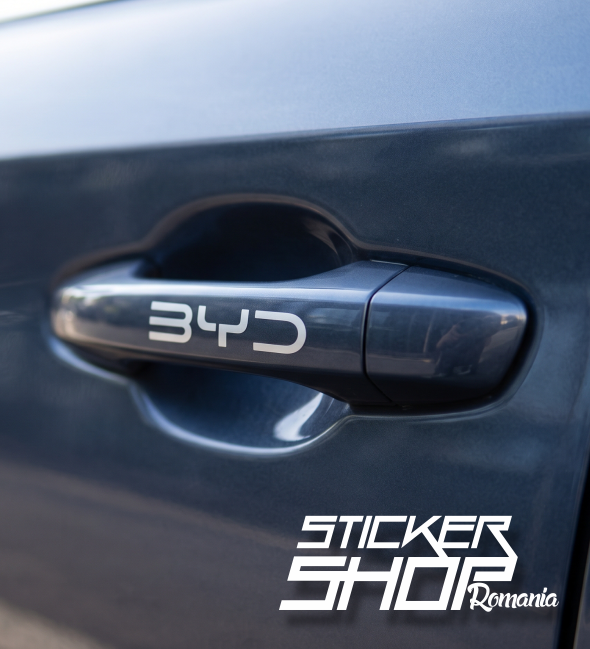 Set 4 Stickere Mânere Uși Logo BYD – Autocolant Premium Decat / Vinil Decupat (Atto 3, Han, Tang, Seal, Dolphin)