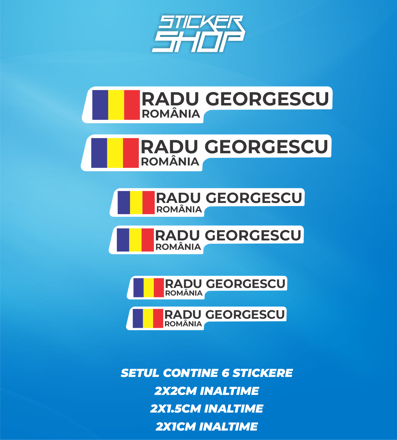 Set 6 Stickere Personalizate Bicicletă și Cască – Nume, Steagul României și Text "România" – autocolant