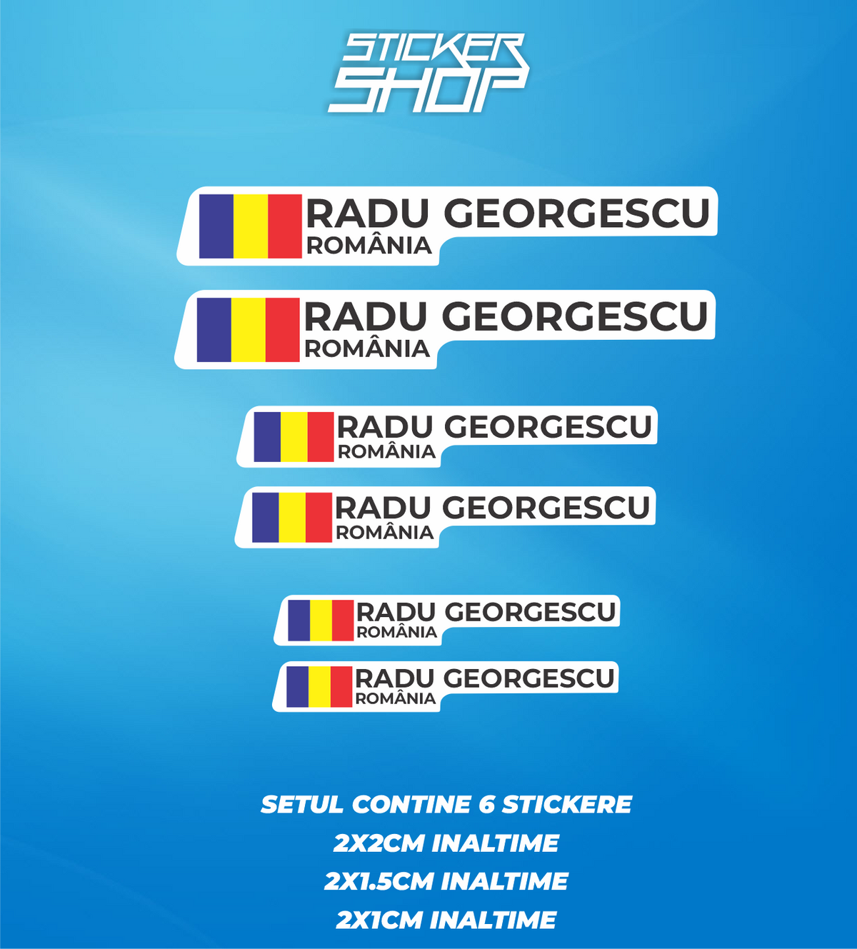 Set 6 Stickere Personalizate Bicicletă și Cască – Nume, Steagul României și Text "România" – autocolant
