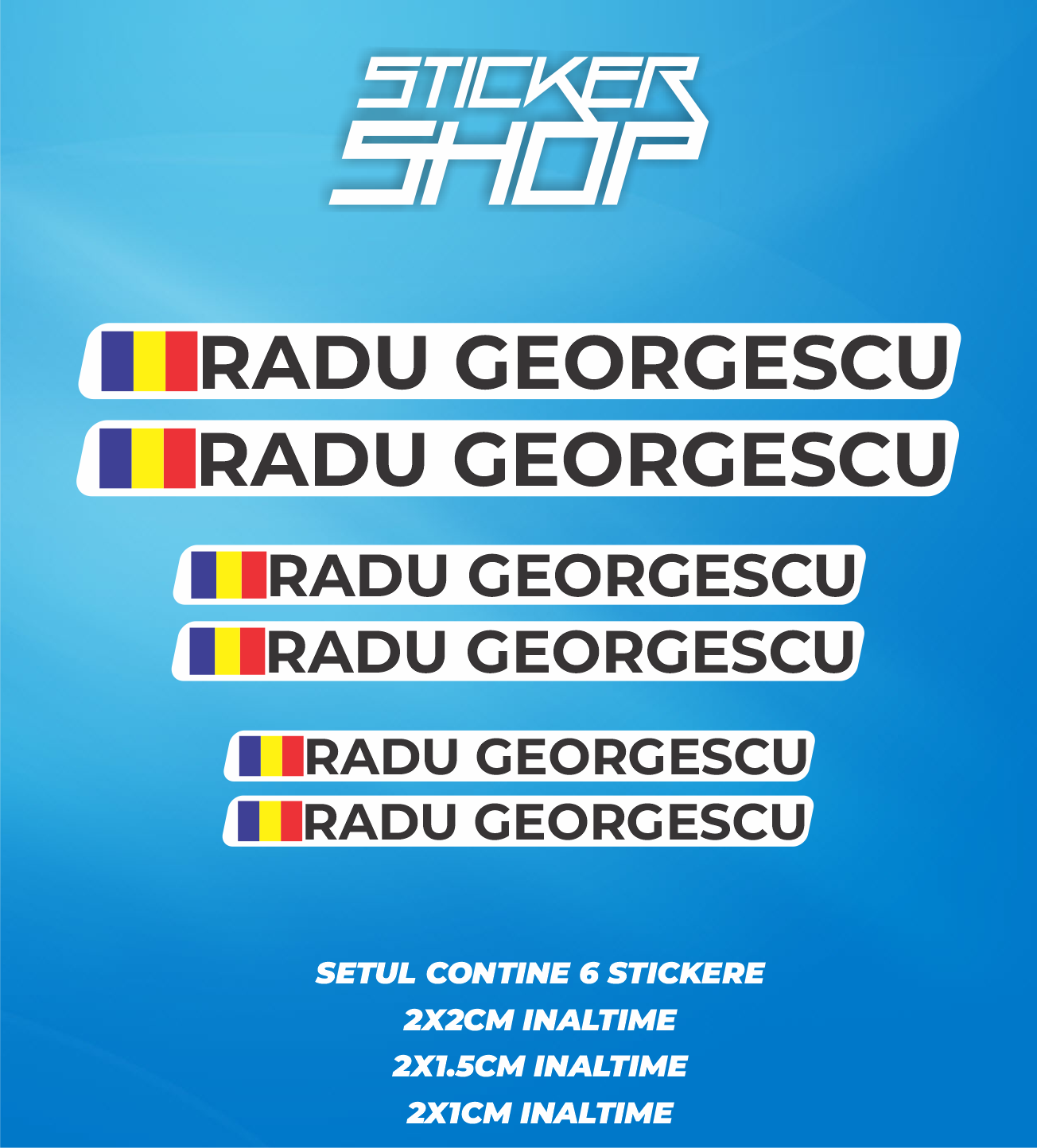 Set 6 Stickere Personalizate Bicicletă și Cască – Nume, Steagul României și Text "România" – autocolant