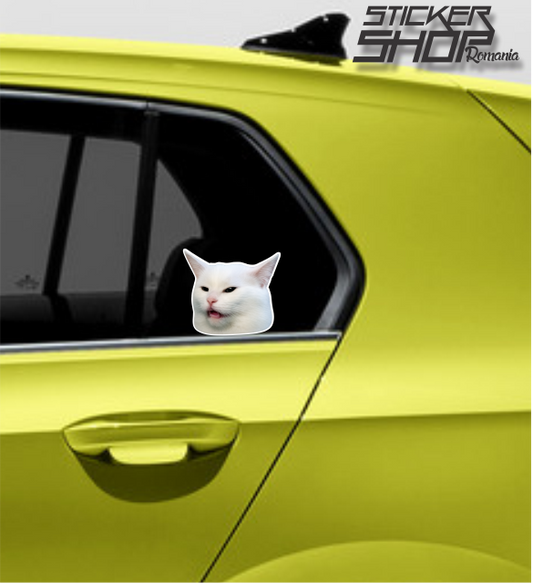 Sticker Auto Huh Cat (Pisica Confuză) – Decal Amuzant pentru Mașină, Laptop și Alte Suprafețe