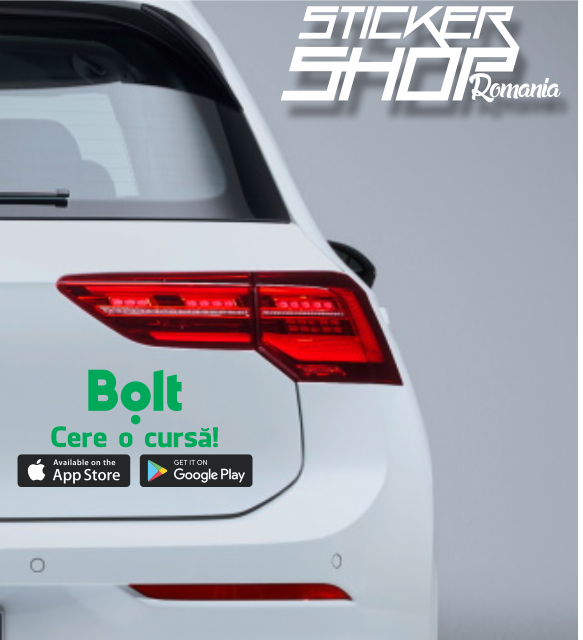Sticker Auto Bolt – Logo Oficial + „Cere o Cursă!” + App Store & Google Play