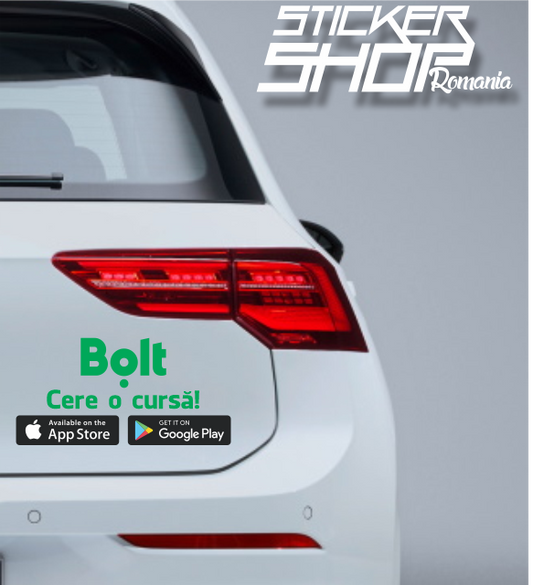 Sticker Auto Bolt – Logo Oficial + „Cere o Cursă!” + App Store & Google Play