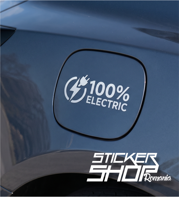 Sticker Universal Clapetă Încărcare Logo EV „100% Electric” – Autocolant Premium Vinil Decupat (Dacia Spring, Tesla, BYD, Hyundai, Kia, VW, MG, BMW)