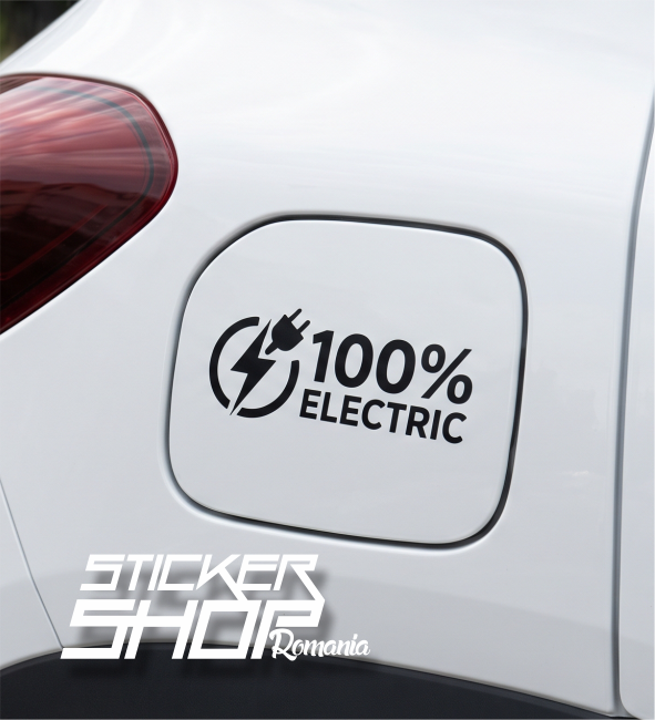 Sticker Universal Clapetă Încărcare Logo EV „100% Electric” – Autocolant Premium Vinil Decupat (Dacia Spring, Tesla, BYD, Hyundai, Kia, VW, MG, BMW)