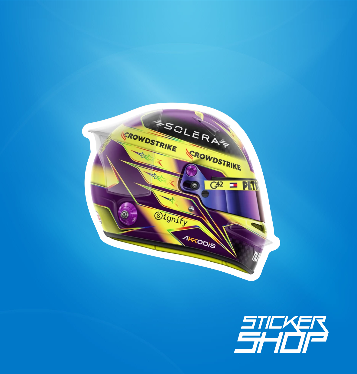 Sticker Cască Lewis Hamilton Mov-Galben – Design Formula 1 Premium – autocolant
