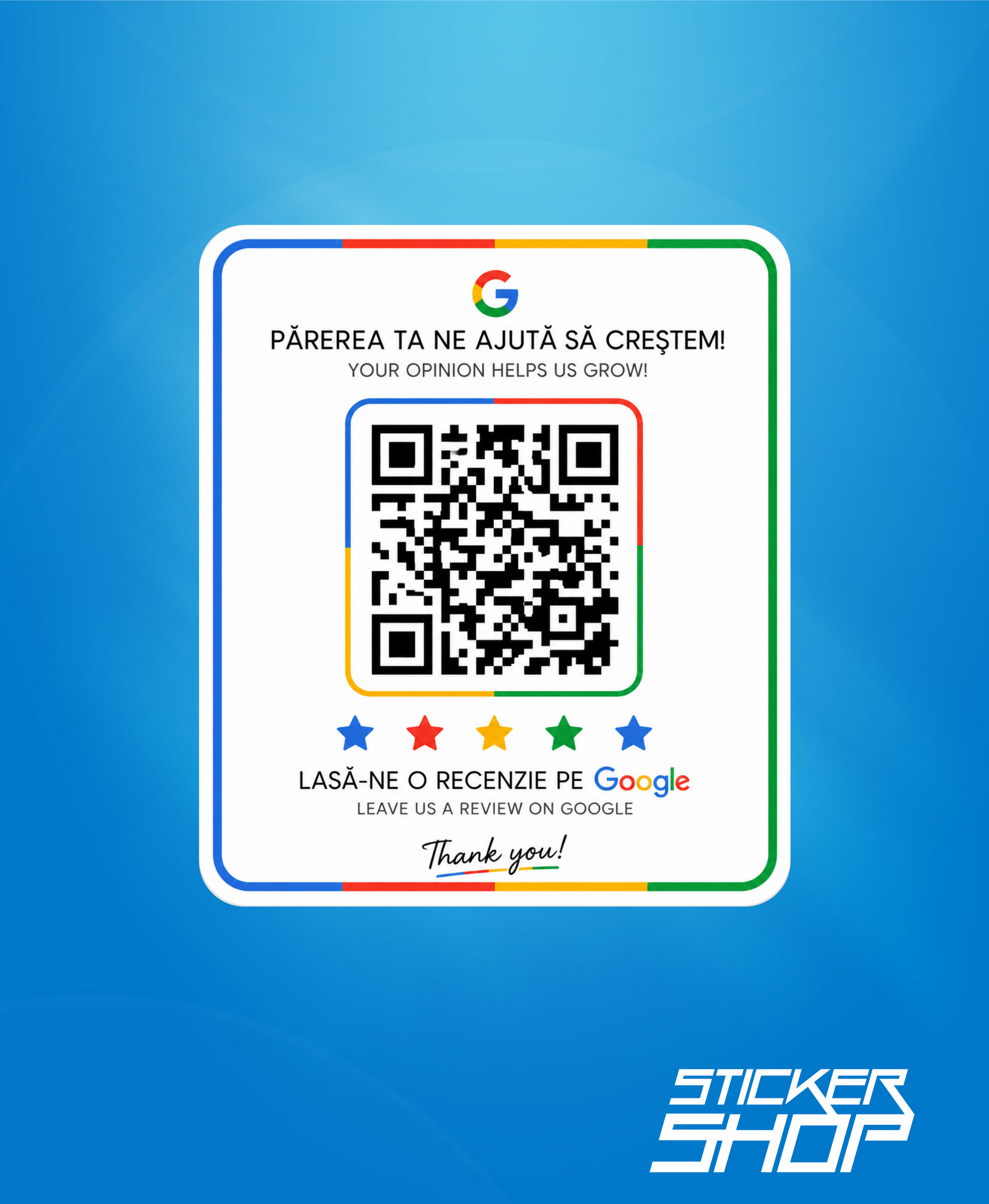 Sticker Recenzie Google cu Cod QR Personalizat – Review Google | Română & Engleză – autocolant